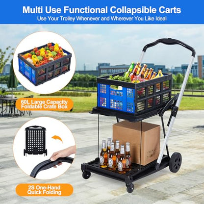 2-Tier Collapsible Aluminum Utility Cart, 198 Lb Capacity, 360° Wheels - color: Blue