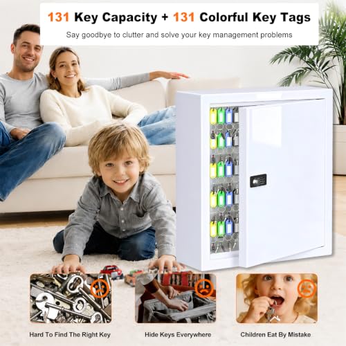 Lock Key Cabinet with Storage: 131-Keys Steel Wall Mount Key Cabinet Organizer - Large Storage and Secure Combination Lock Box for Office Home Business White