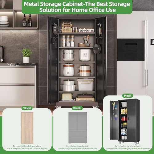 71 in. Garage Storage Cabinet with Wheels, 5 Shelves, Black - color: Black, size: 16"D x 32"W x 71"H