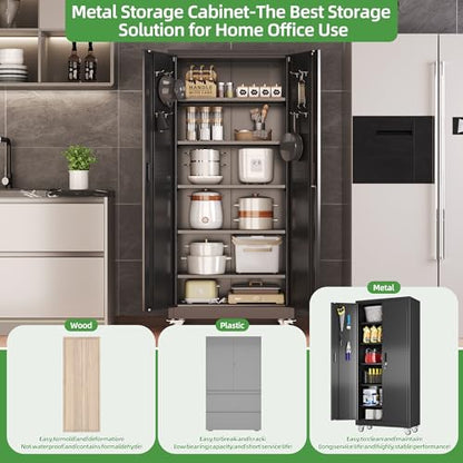 71 in. Garage Storage Cabinet with Wheels, 5 Shelves, Black - color: Black, size: 16"D x 32"W x 71"H