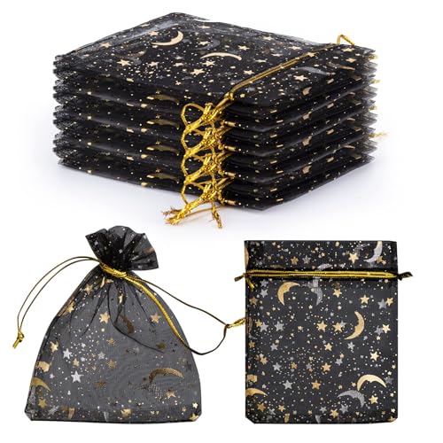 GoClimber 100 PCS 4.0x4.7 Inches Moon Star Printed Orchid Organza Bags, Black Moon and Stars Bag for Make up,Candy, Gifts, Party, Jewelry, Festival, Net Favor Drawstring goody Bags