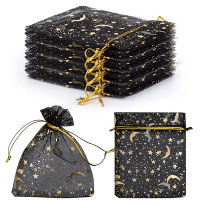 GoClimber 100 PCS 4.0x4.7 Inches Moon Star Printed Orchid Organza Bags, Black Moon and Stars Bag for Make up,Candy, Gifts, Party, Jewelry, Festival, Net Favor Drawstring goody Bags