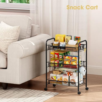 TOOLF 3 Tier Rolling Cart, Metal Utility Storage Cart with Wheels, Black - color: Black, size: 3-Tier