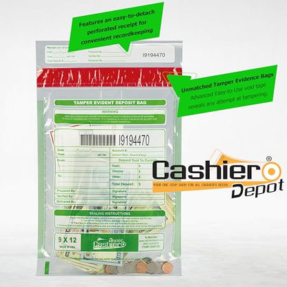100 Cashier Depot - Tamper Evident Bank Deposit Bags, 9" x 12" Clear, 100 Count, Serialized Numbering with Barcode, Press and Seal Void Closure, Perforated Receipt, Made in USA