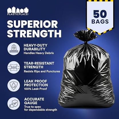Plasticplace Contractor Trash Bags 55-60 Gallon, 3.0 Mil, Black Heavy Duty Garbage Bag, 38” X 58” (50Count) - color: Black, size: 50 Count (Pack of 1)