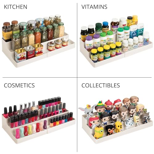 mDesign Plastic Expandable 3-Tier Shelf Rack Organizer - Storage for Bathroom Vanity, Cabinet, Cupboard, Drawer - Holds Medicine, Vitamins, Supplements, Cosmetics - Ligne Collection - Cream/Beige - color: Cream