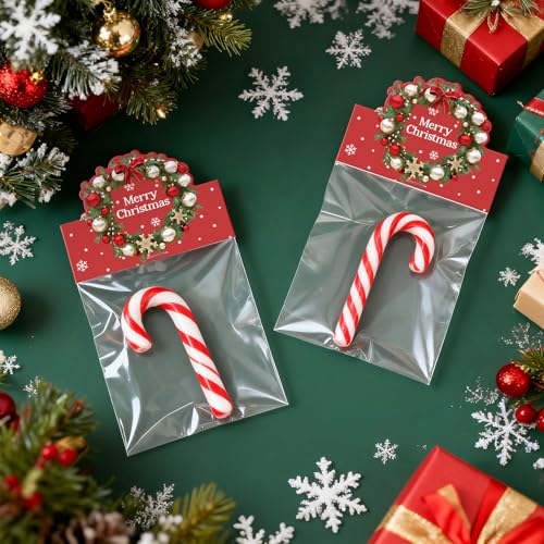 joycraft Jewelry Packaging for Small Business – 100Pcs OPP Clear Xmas Treat Bags with Merry Christmas Wreath Cards, Christmas Jewerly Display Bags Packaging for Selling, Party Favors, Holiday - color: Red with Garland