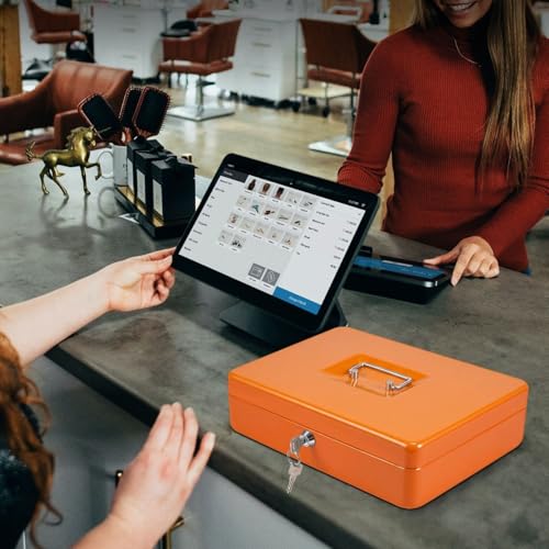 Flexzion Small Cash Box with Money Tray and Lock, 11.4-Inch, Orange - color: Orange