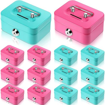 Tandefio 12 Pcs Small Money Cash Box with Lock and Slot Metal Box for Cash Steel Organizer Piggy Bank Metal Coin Bank for Adults, 4.5 x 3.3 x 2 Inch, Without Money Tray (Pink,Green) - color: Pink, Green