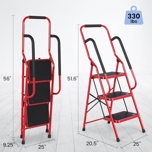 Step Ladder 3 Step Folding with Handrails, Folding Step Stool with Wide Anti-Slip Pedal, Sturdy Steel Portable Ladder, Lightweight Step Stool Foldable for Library Home Garage Office,Red - size: 3 Step