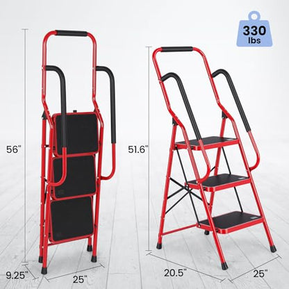 Step Ladder 3 Step Folding with Handrails, Folding Step Stool with Wide Anti-Slip Pedal, Sturdy Steel Portable Ladder, Lightweight Step Stool Foldable for Library Home Garage Office,Red - size: 3 Step