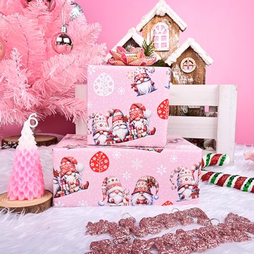 Dtiafu Reversible Gnome Wrapping Paper Roll Red Gnome and Joy Lettering Design Gift Wrap Sheets for Holiday Winter Party Packing Supplies - Total 28.5sq.ft - color: Pink Gnome