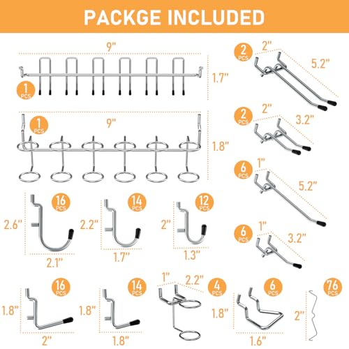 INCLY 176PCS Pegboard Hooks with Peg Locks, 1/4" Heavy Duty Metal - color: Silver