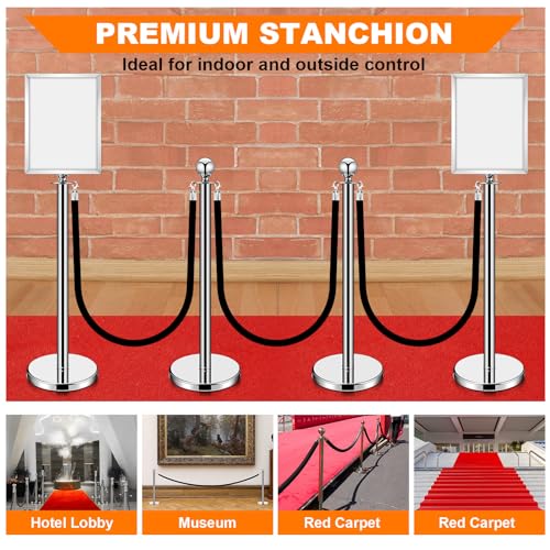 Blulu 8 Sets Stainless Steel Stanchion Set 8 Crowd Control Poles 7 Velvet Ropes and 2 A4 Sign Holders Carpet Ropes and Hollow Base Poles Easy Assembly Safety Barrier for Event Party(Silver)