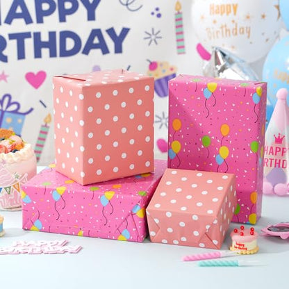 Ulmasinn Reversible Birthday Wrapping Paper Roll - 17" x 16.4 Ft, Double Sided Balloon & Polka Dot for Kids Gifts, Baby Shower, Party - color: Balloon & Pink Birthday