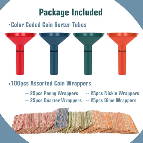 Coin Wrappers Assorted 100 Pcs & 4 Coin Sorters Tubes, Coin Rolls Wrappers for Penny, Nickel, Dime and Quarter - style: 100 Pcs Wrappers+4 Tubes