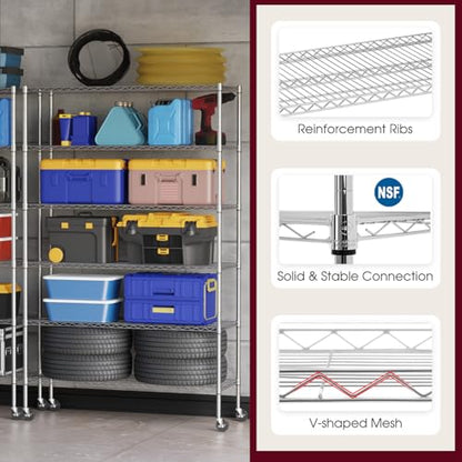 BestOffice | 6-Tier Wire Shelf with Wheels | 48" x 18" x 77" | Chrome - color: Chrome, size: 48"D x 18"W x 77"H