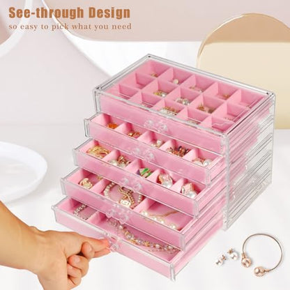 GUOER Earring Organizer, Acrylic Jewelry Box with 5 Drawers for Women, Pink - color: Pink