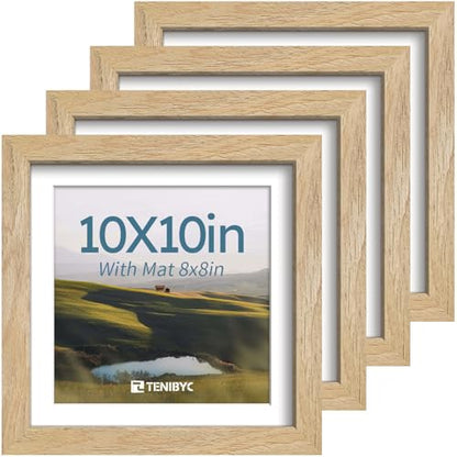 10x10 Picture Frame 4 Pack, 8x8 Mat, Natural Wood, Glass - color: Natural, size: 10 X 10