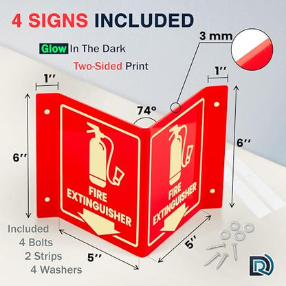 Fire Extinguisher Sign Glow in Dark, 3D Acrylic V Sign, Down Arrow, 4 Pack - color: Glow Red Acrylic - Pack of 4