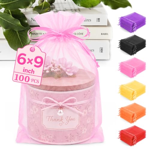 ANZNKU 100PCS Organza Bags 6x9, Pink Small Mesh Gift Bags Drawstring Bulk - color: Pink
