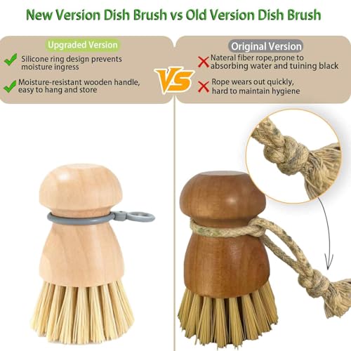 2 Pack Wooden Dish Brush with Soft Rubber Hanging Ring