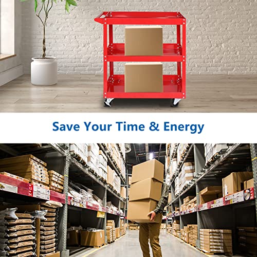 TUFFIOM 3 Tier Rolling Tool Cart, 330 Lbs Capacity, Red, 3 Shelves Steel Utility Cart for Garage, Workshop, Warehouse & Repair Shop