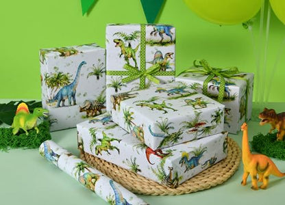 Sikiweiter Dinosaur Wrapping Paper Roll - Watercolor Dino & Palm Tree Design - 17 inch x 16.5 feet (Dinosaur) - color: Dinosaur