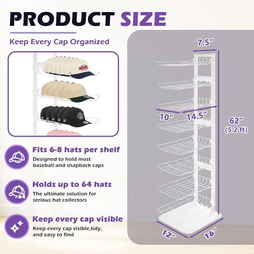 8 Tier Hat Display, Metal Hat Rack Stand Up to 70 Caps for Multiple Hats, Hats Display, White
