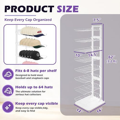 8 Tier Hat Display, Metal Hat Rack Stand Up to 70 Caps for Multiple Hats, Hats Display, White