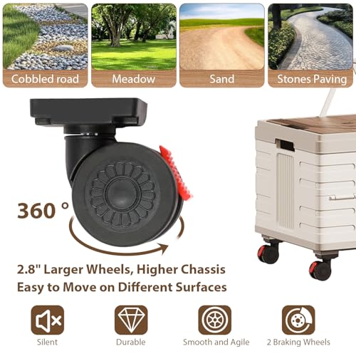 Folding Utility Cart Portable Rolling Crate Handcart Shopping Trolley Collapsible Tool Box with Wooden Lid, Basket on 4 Rotate Wheels, for Grocery, Office, Luggage, Teacher, Travel (White)
