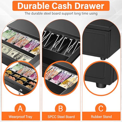 16.4" Cash Drawer with Media Slot, POS Cash Register with 5 Bill 8 Coin Slots, RJ11/RJ12 Printer-Driven, 3-Position Key Lock, Heavy-Duty Steel Cash Register for for Small Businesses