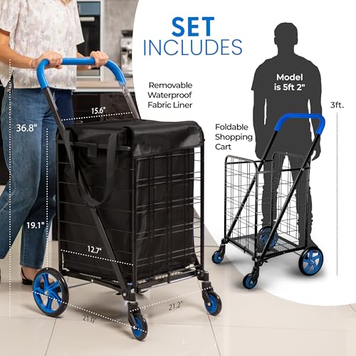 SereneLife Small Compact Folding Shopping Cart with Removable Waterproof Liner – 360° Swivel Wheels, Rust‑Proof Steel Frame, 70 lb Capacity – Portable Grocery, Laundry & Travel Cart (Blue) - color: Blue