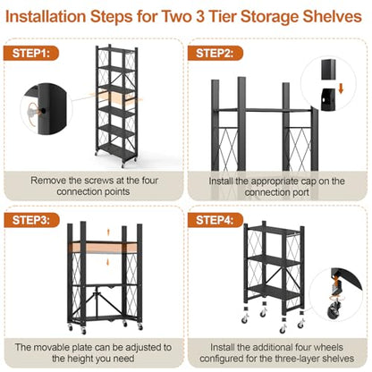 6-Tier Foldable Storage Shelves with Wheels Folding Bookshelf no Assembly - color: Black, size: 6 Tier