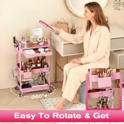 Goovilla Rolling Makeup Organizer Cart with Removable Drawer, 3 Tier Pink - color: Pink, size: 3 Tier