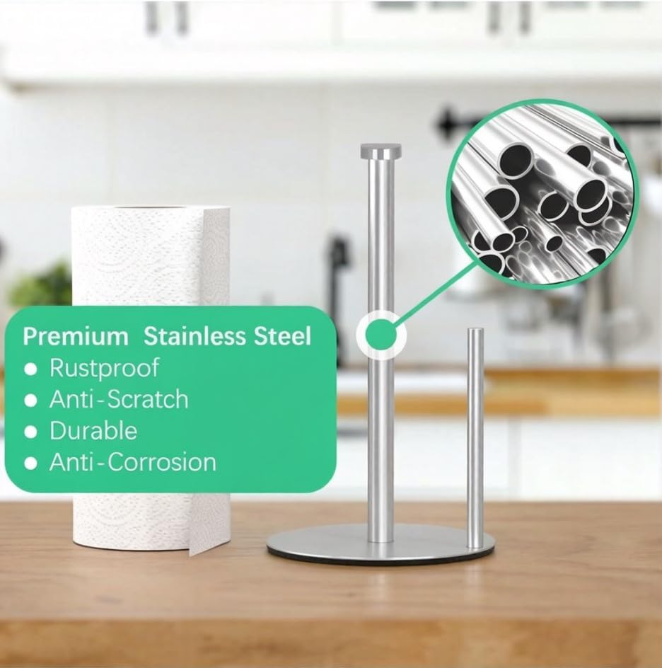 Premium Paper Towel Holder Countertop, for Kitchen, Bathroom, RV, Outdoor, Living Room,Dining Table or BBQ, Weighted Stainless Steel for Standard and Large Rolls-Silvery(YaoJooHome)