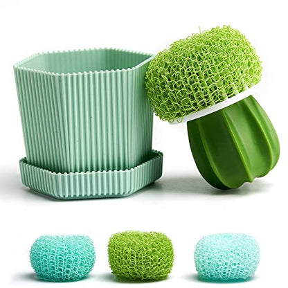 Cactus Mini Dish Brush Set with Drip Tray (3 Replacement Brushes), Durable Kitchen Cleaning Scrubbers for Plates, Pans, Pots, Sink (Green) - color: Green