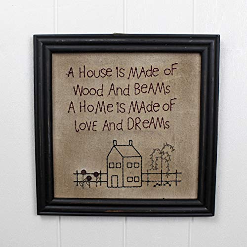 CVHOMEDECO. Primitives Antique A house is made of wood and beams, A home is made of love and dreams Stitchery Frame Wall Mounted Hanging Decor Art, 12 x 12 Inch - color: A house is made of wood and beams, A home is made of love and dreams