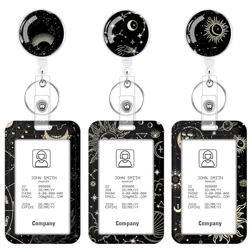 3 Set Moon Star Badge Holder with Retractable Reel, Retractable ID Badge Holders with Clip Card Holder Case for Nurse Teacher Women Office Gift for Coworkers - color: Sun Moon Star