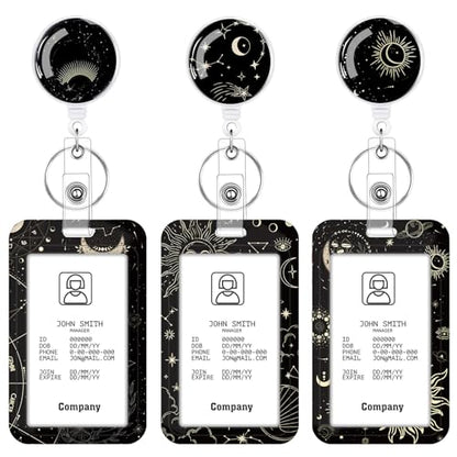 3 Set Moon Star Badge Holder with Retractable Reel, Retractable ID Badge Holders with Clip Card Holder Case for Nurse Teacher Women Office Gift for Coworkers - color: Sun Moon Star