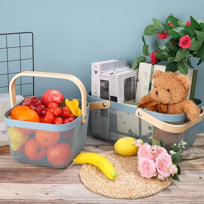 2 Pack Garden Harvest Basket, Metal Mesh Wire Picnic Basket with Handle - color: Blue