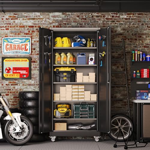 71 in. Garage Storage Cabinet with Wheels, 5 Shelves, Black - color: Black, size: 16"D x 32"W x 71"H