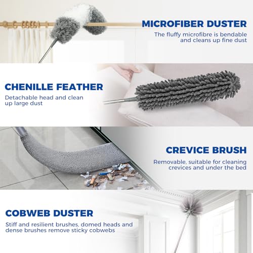 9Pcs Dusters for Cleaning Kit, Extendable Microfiber Duster Tools with 100" Long Pole, Retractable Gap Bendable Dust Cleaner, Reusable Washable Cleaning Supplie for Ceiling Fan Furniture Cars and Home - size: 9 PCS Duster Kits