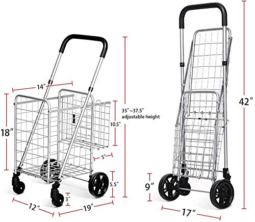 ARLIME Folding Shopping Cart, Double Basket Supermarket Cart with Adjustable Wide Cushion Handle Bar and Swivel Wheels, Suitable for Grocery Book Luggage Travel Laundry, Large Utility Carts (Silver)