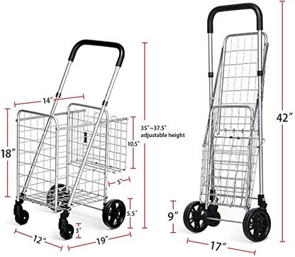 ReunionG Folding Shopping Cart, Double Basket Supermarket Cart with Adjustable Wide Cushion Handle Bar and Swivel Wheels, Suitable for Grocery Book Luggage Travel Laundry, Large Utility Carts (Silver)