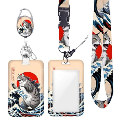 Funny Japanese Cat ID Badge Holder with Lanyard Retractable Badge Reel - color: Multicolor 1607