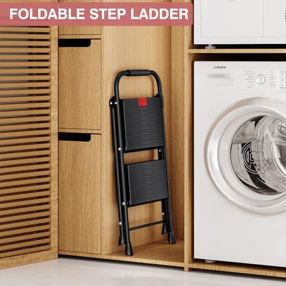 TOOLF 2 Step Ladder, Folding Steel Step Ladder with Handrail, Black - size: 2 Step Ladder