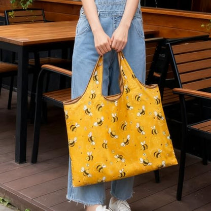 Large Capacity Unisex Tote Bag,Foldable Tote Nylon Reusable Grocery Bags,with Camouflage Pattern for Shopping,Travel,Camping - color: Yellow