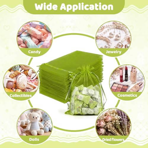 FUNFERY 100Pcs Green Organza Bags 5x7 in,Small Mesh Drawstring Gift Bag - color: Classic Green