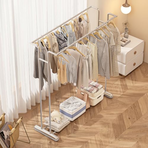 59.4" Double Rod Garment Rack, Metal Heavy Duty Freestanding Clothing Rack with Bottom Shelf, Modern Sturdy Clothes Racks for Bedroom, Boutique Retail Display & Laundry Room, Silver - color: silver